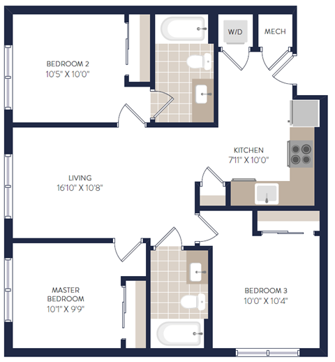 Floor plan for 3 beds, 2 baths, 880 sqft